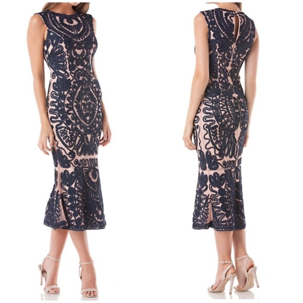 JS Collections Pink and Navy Illusion Soutache Mermaid Hem Midi Dress 6